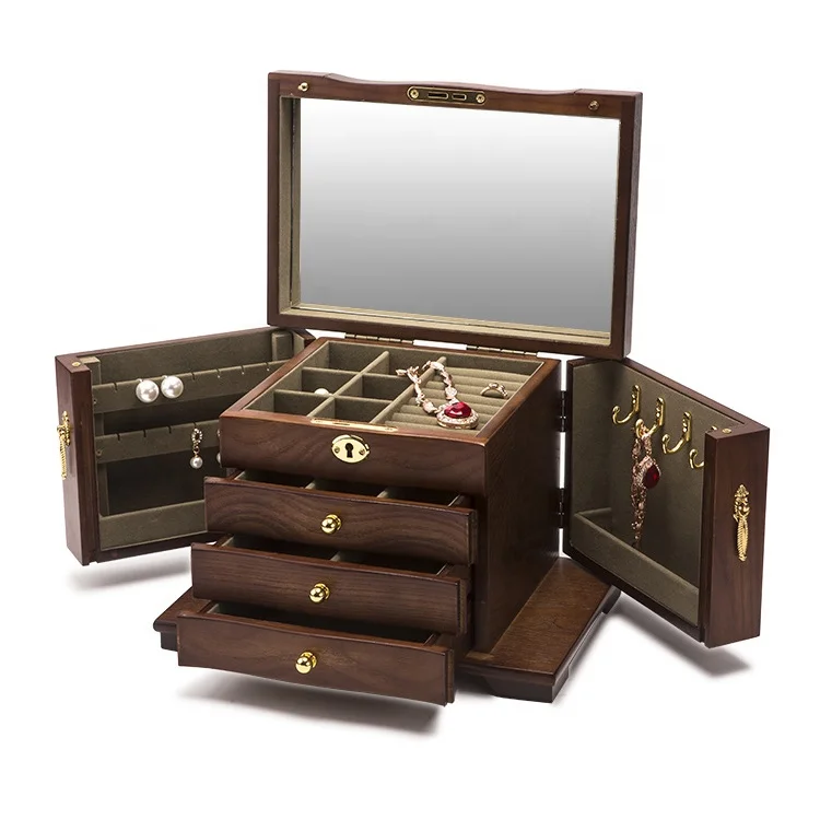 

Wooden Jewelry Box Antique Multifunctional Large Capacity Lock Chinese Style Jewelry Storage Box Necklace Earring Box