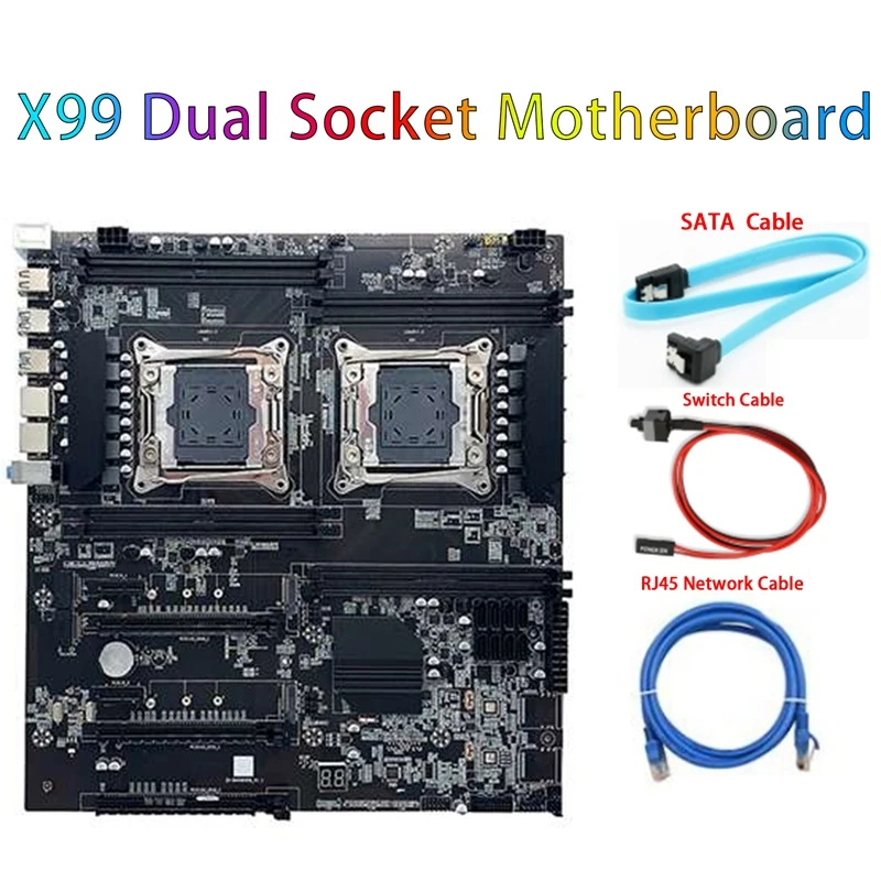 

X99 Dual-Socket Motherboard LGA2011-3 Dual CPU Support RECC DDR4 Memory With SATA Cable+Switch Cable+RJ45 Network Cable