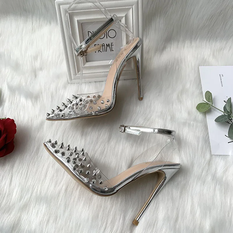 Free Shipping TOMONYE Clear Transparent PVC Silver Spike Stud Women Lady Spring Summer 12CM High Heel Slingback Sandal  Big Size