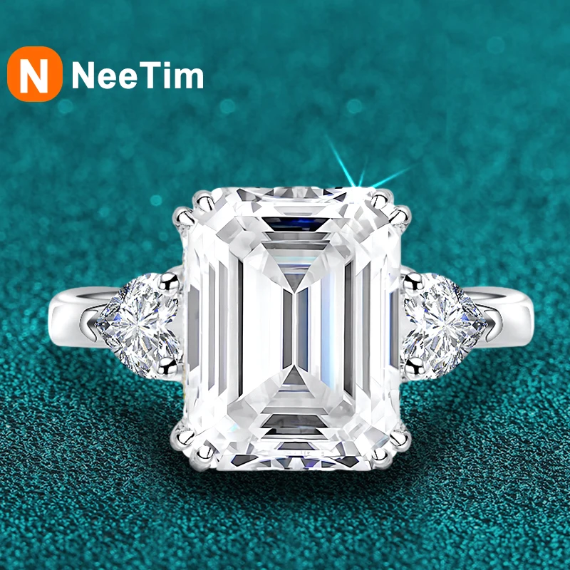 

NeeTim 4ct Emerald Cut D Color Moissanite Ring for Women Engagement Wedding Band S925 Sterling Silver Jewelry with Certificate