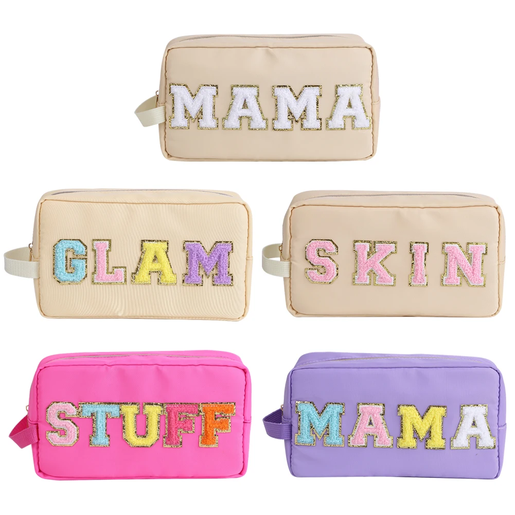 

Hot Letter Patches Nylon Cosmetic Bag Clutch Women Fashion Travel Make up Cosmetic Bags Pouches Snakes Stuff Makeup Toiletry Bag