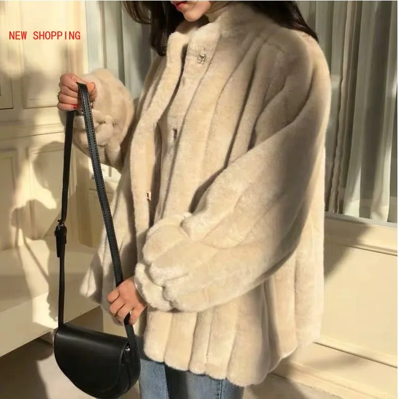Autumn Winter Faux Fur Furry Coat Women's Winter Mid-length Stand-up Collar Plush Fleece Mink Fur Loose Korean Warm Coats Pink