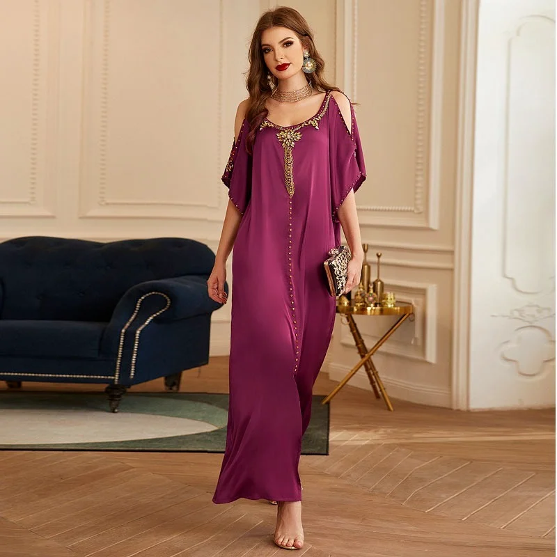 Rhinestones Satin Party Dress Moroccan Kaftan Women Fashion Handwork Muslim Abaya with Belt Evening Gown Middle East Arabic Oman
