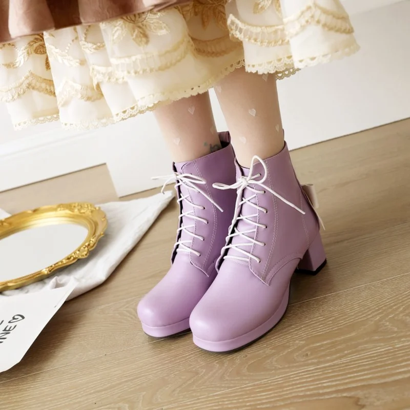 

Ladies Lolita Short Boots Autumn Winter Fashion Bow Knot Ankle Boots Female Sweet Lace-up Square High Heel Women‘s Shoes