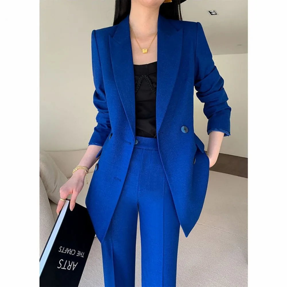 Fashion Women 2 Pieces Pant Suits Lapel Double Breasted Jackets & High Waist Straight Pants Slim Ladies Blazers Trousers Set