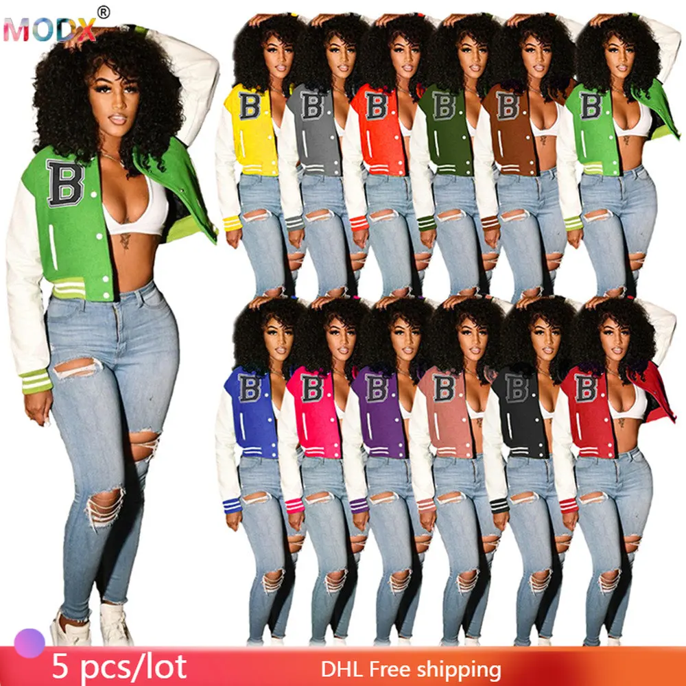 

5 Wholesale Bomber Jackets Baseball Uniform Women Fall Winter Clothes Casual B Print Crop Tops Long Sleeve Outer Lady Coats 8805