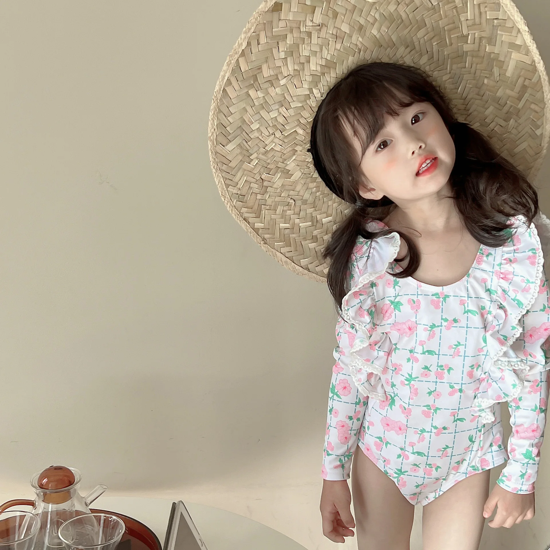 

Baby Girl Retro Flower Sun Protection Three-dimensional Lace Long Sleeves Swimwear Girls Fashion Vacation Swimsuit One Piece