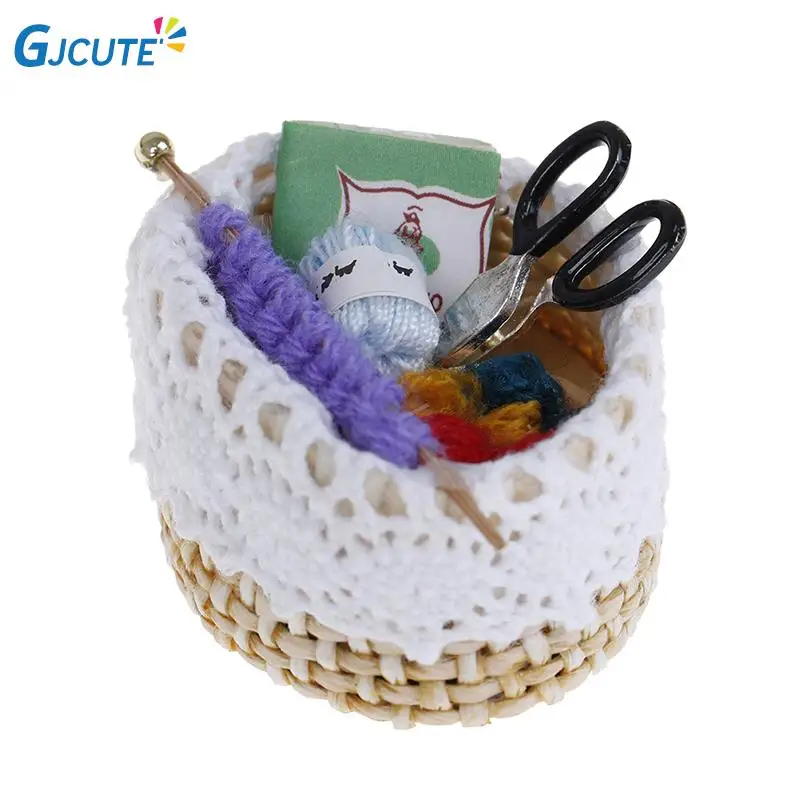 

1/12 Dollhouse Mini Knitting Tools Basket Simulation Scissors Wool Model Toys for Doll House Decoration Miniature Accessories