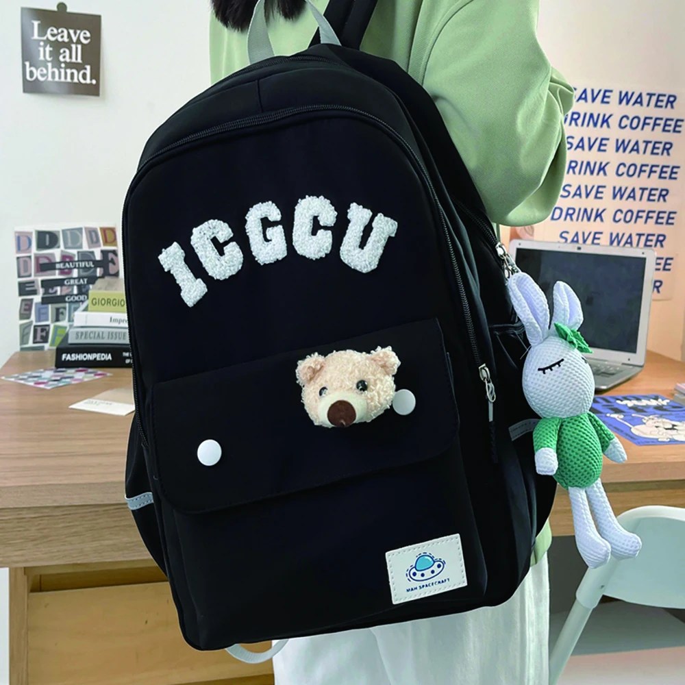 

Black Women's Nylon Backpack for Cute Girls Solid Color School Bag Multifunctional Travel Rucksack Ladies Large Capacity