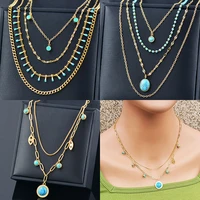 bohemian multilayer turquoise pendant necklaces for women natural stone beads choker stainless steel necklaces fashion jewelry
