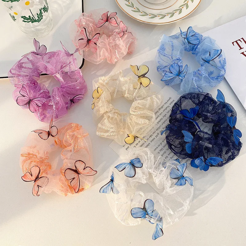 

INS New Korean Japan Women Elastic Mesh Hair Bands Tie Cute Girls Lace Scrunchi Butterfly Tulle Headwear Hair Accessories