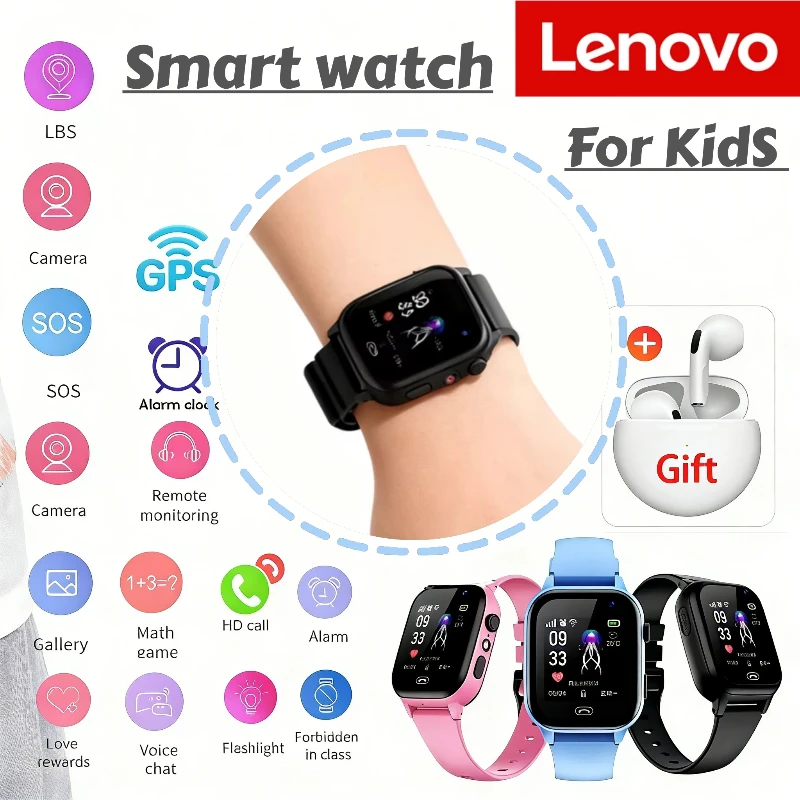 Фото Детские умные часы Lenovo Q15C с наушниками, GPS, Wi-Fi, видеозвонками, камерой, водонепроницаемые, для школы, в подарок №1