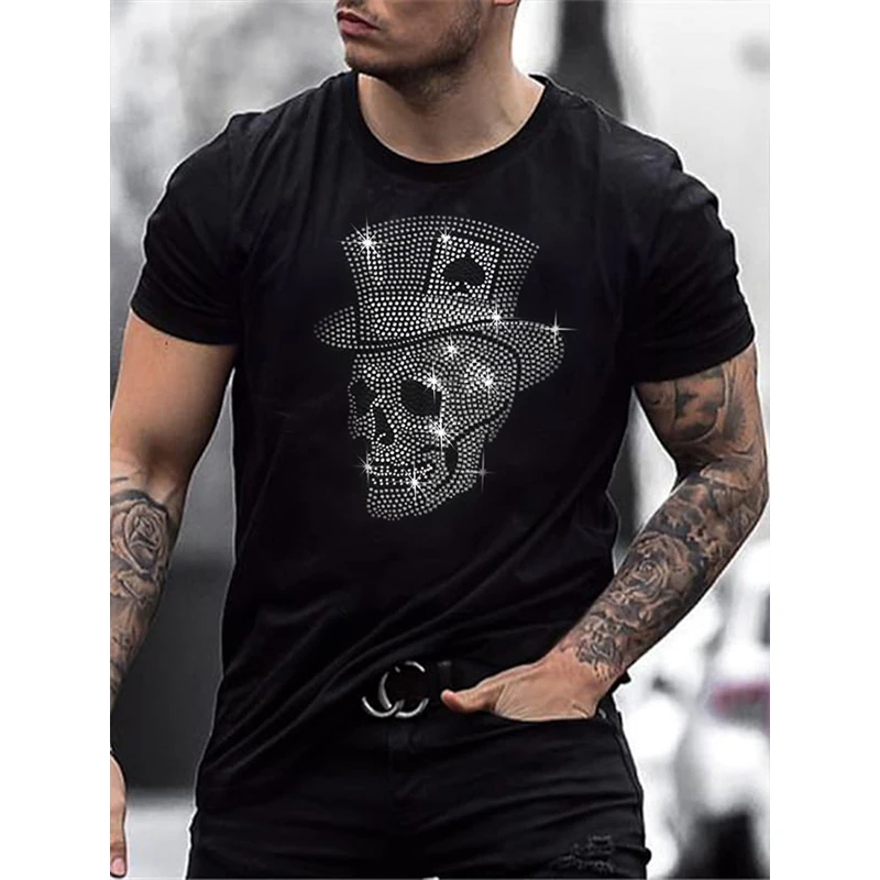 

Mens Oversized Fashion T-Shirts Summer Casual Street Short Sleeve Skull Hot Drill Men Clothing Tee Tops O-Neck Rhinestone Tshirt