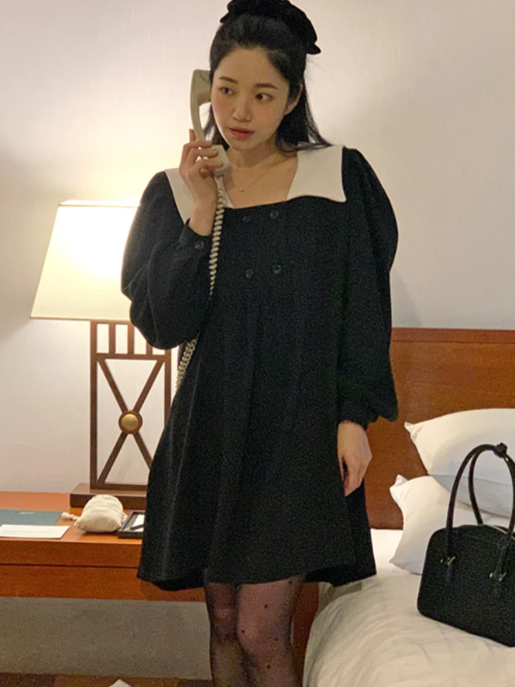 

Korobov Vintage Temperament Dress Contrast Color Square Neck Elegant Female Dresses Autumn Double-breasted Long-sleeved Vestidos