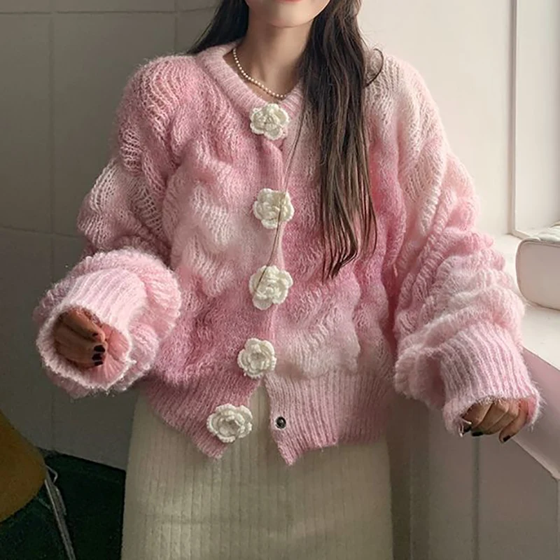 

HOUZHOU Pink Cardigan Korean Style Women Flower Button Cute Sweater Autumn Sweet Gradient Loose Long Sleeve O-Neck Knit Sweater