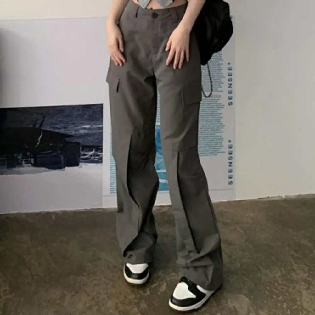 Popular Women Overalls  Buttons Fly Soft Long Pants  Solid Color Simple Wide Leg Cargo Pants images - 6