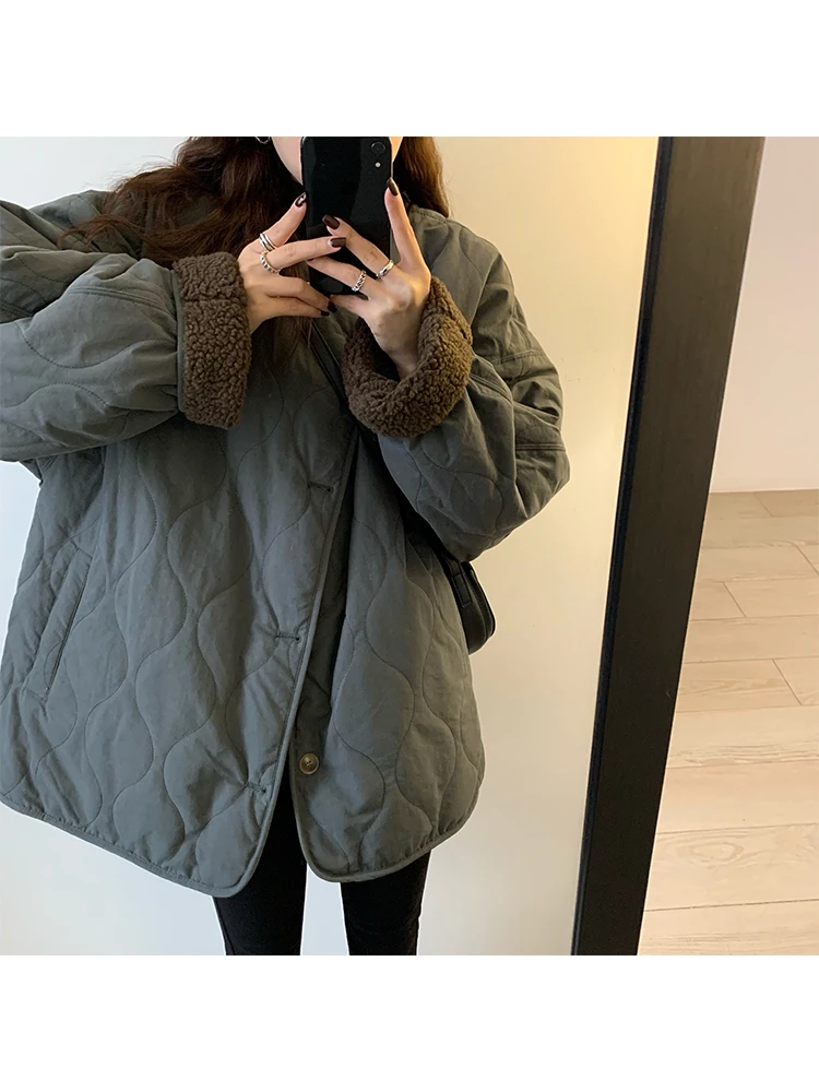 

2022 Autumn Winter Women Two Side Wear Design BF Style Cotton Padded Coat Lapel Long Sleeve Oversize Jacket Outer Retro Style