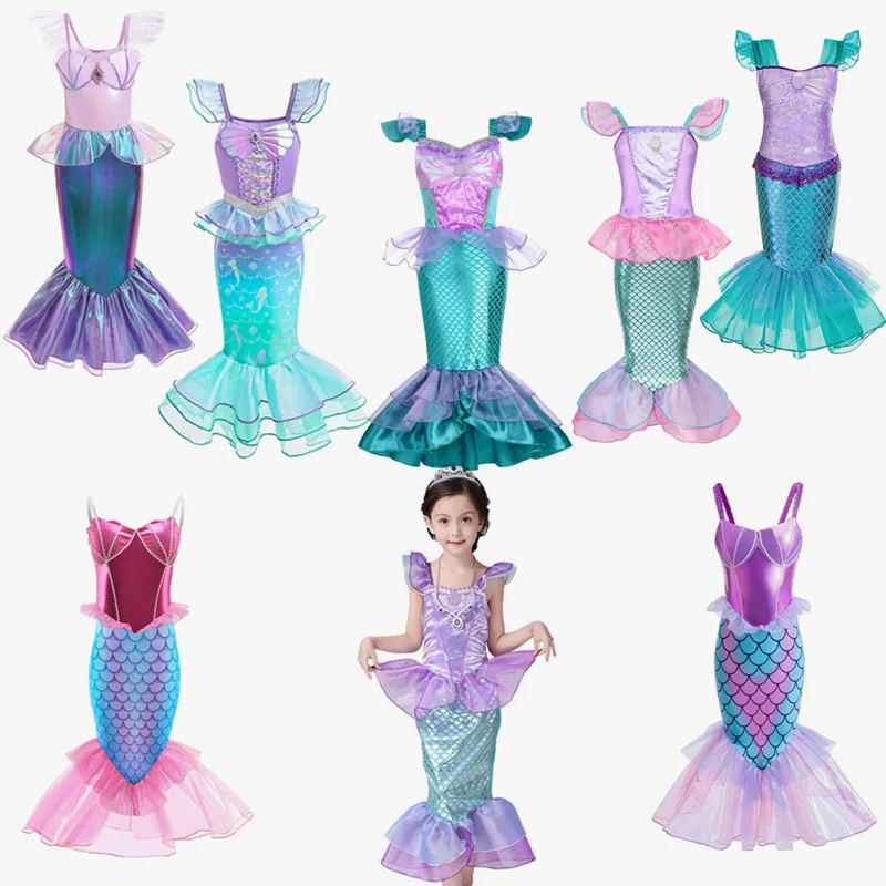 

Girls Little Mermaid Costume Kids Birthday Halloween Princess Girl Dress Children Summer Mermaid Party Clothes for Carnival 2-10