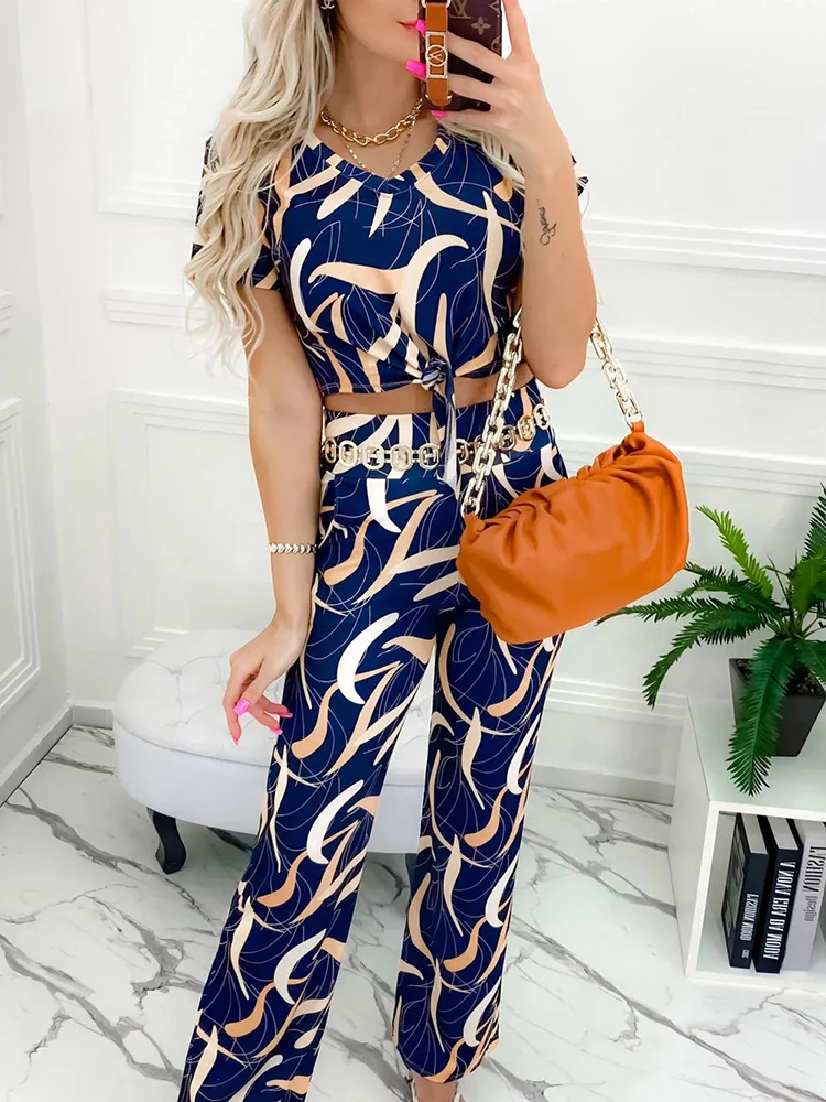 

Casual Summer Printed Outfit Ladies Sleeveless V Neck Pullover Tops+Loose Waist Straight Pants Two Piece Set High Street Sets