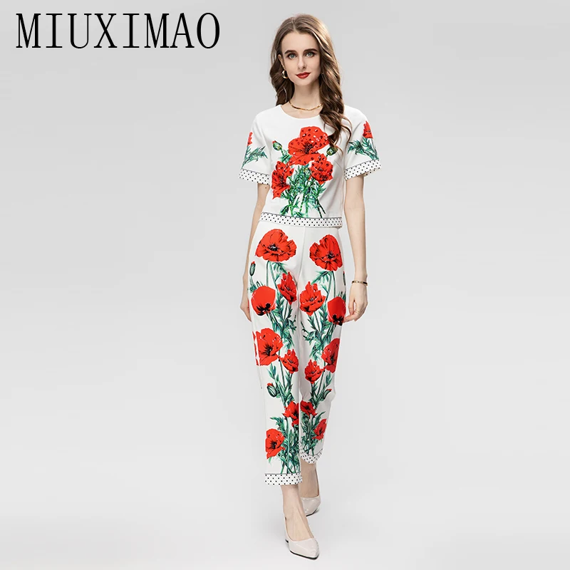

Женский комплект из двух предметов MIUXIMAO, элегантная рубашка с коротким рукавом, круглым вырезом и принтом в виде роз и брюки, 2023
