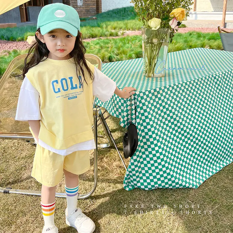 

Girl 2023 New Summer Casual T-shirt Suits Korean Style Baby Youth Teenage Girls Short Sleeve Contrast Color 2Pcs Clothes Sets