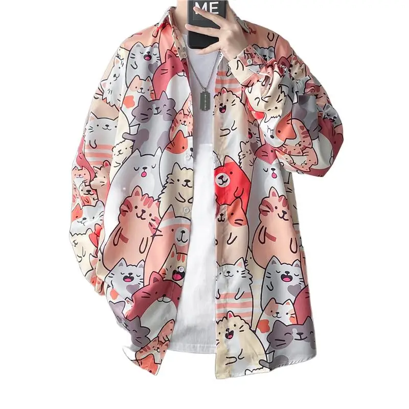

Japanese cat printed long-sleeve shirt men's autumn design shirt Hong Kong style coat Spring and autumn trend ruffian shirt