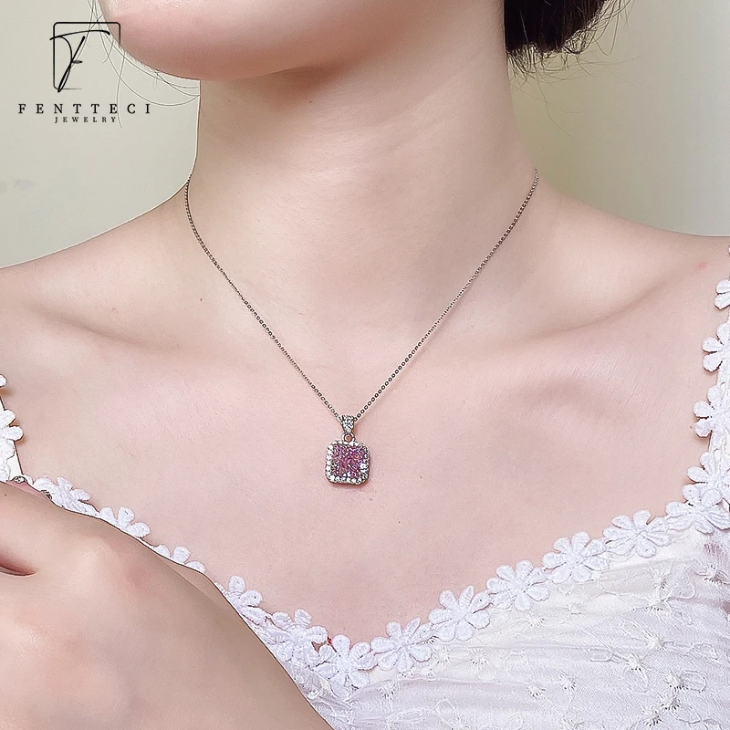 S925 Sterling Silver 18k Gold Plated Pink Diamond Necklace Women Luxury Set Princess Square Fancy Color 5A Zircon Pendant Women