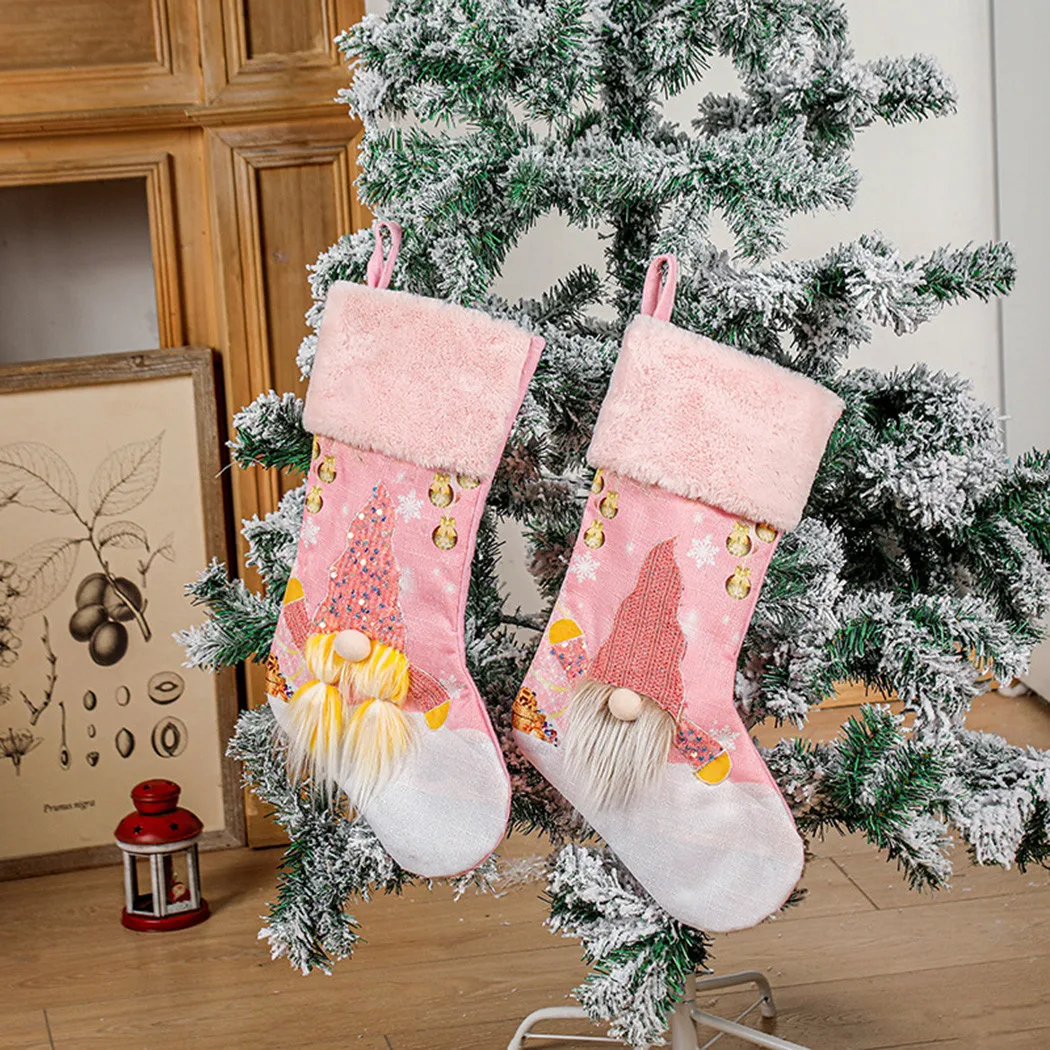 

Christmas Glow Pink Socking Decorations Candy Bag Gift For Children Holder Stocks Pendant For Home Fireplace Decor 47.5x29cm