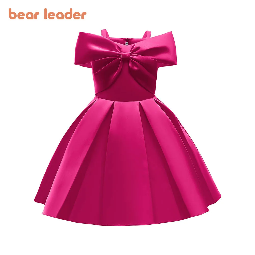 

Bear Leader Girl Bow Princess Dress New Girl One-shoulder Solid Dress Party Birthday Stitching Cute Tutu Dress Fashion Clothing