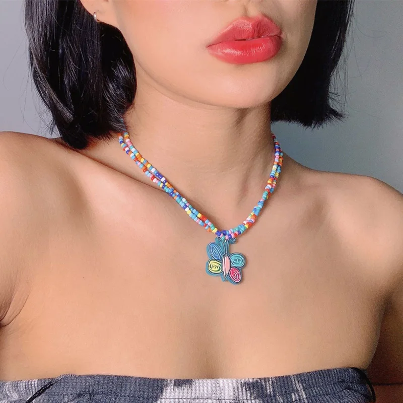 

2022 Fashion Butterfly Flower Double-layer Necklace For Women Hand-Beaded Colorful Rice Beads Stacked Multi-Layer Jewelry Choker