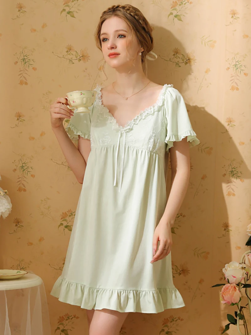 Women Summer Cotton Nightdress Short Sleeve Ruffles Vintage Princess Victorian Nightgown Sweet Girl Pajama Night Dress Sleepwear