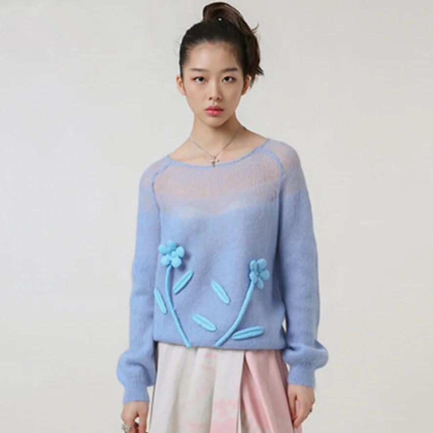 

Модный просвечивающий оверсайз свитер 2022 Ранняя осень с цветочной аппликацией свободный мягкий тонкий вязаный свитер женский джемпер