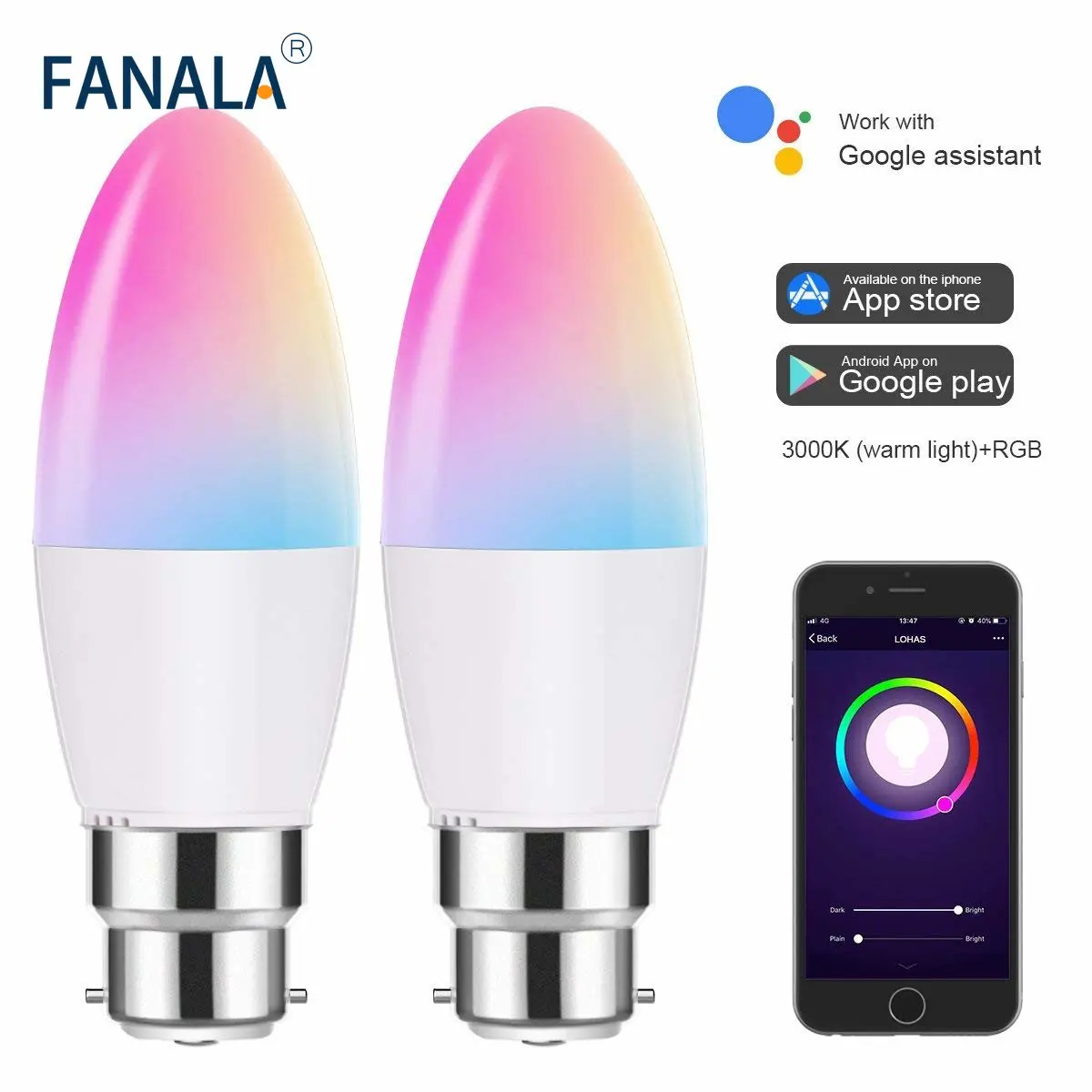 Smart WiFi LED Candle Bulbs B22 Bayonet 5W RGB Warm/Cold Day White Dimmable Lamp Timing Voice Control by Tuya Alexa Google Home
