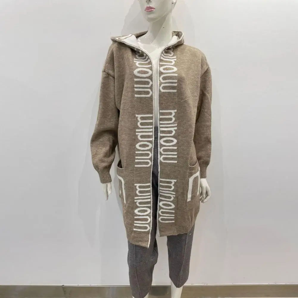 

Шикарный осенне-зимний вязаный кардиган средней длины с капюшоном и надписью, теплый непромокаемый жакет-свитер