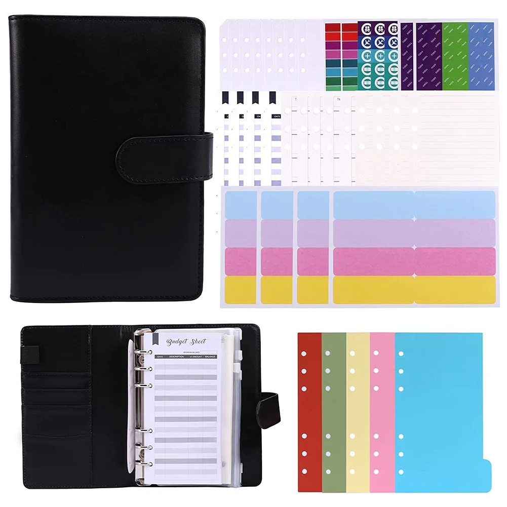 

A6 Notebook Budget Binder, Budget Sheets Waterproof Zipper Bags, PU Money Organizer for Cash with Label Sticker Plan A