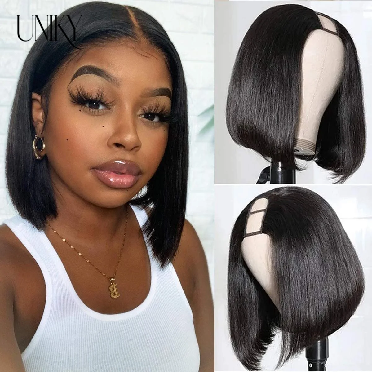 

U Part Bob Wigs Short Straight Human Hair Wig for Black Women Brazilian Straight Bob Wigs Natural Color Clip in U Part Wigs