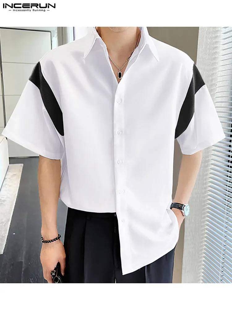 

INCERUN 2022 Men Shirt Patchwork Lapel Short Sleeve Button Summer Casual Men Clothing Streetwear Korean Fashion Leisure Shirts