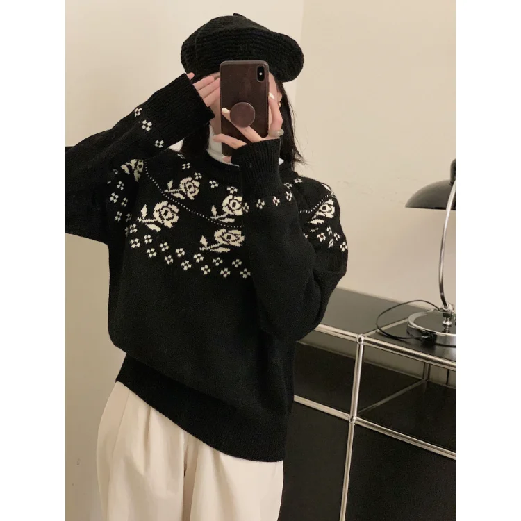 

Korobov Vintage O Neck Jacquard Sweater Winter Japan Style Long Sleeve Pullovers Age Reduction Korean Fashion Sueters De Mujer