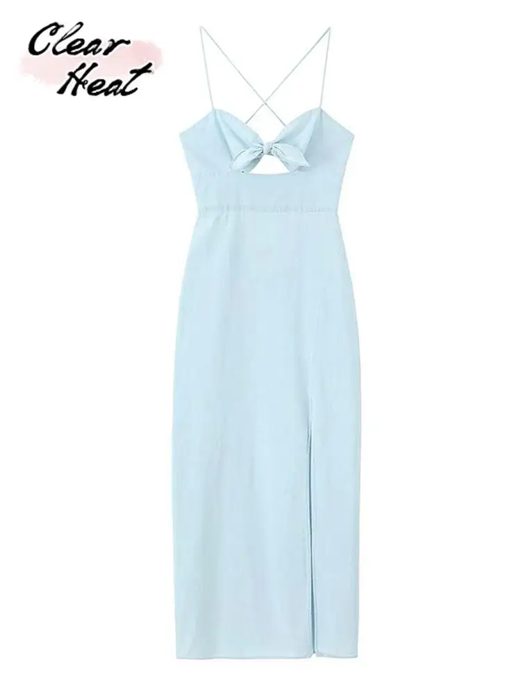 

Женское платье-миди с бантом, однотонное платье на бретельках с разрезом и открытой спиной, без рукавов, с высокой талией, летнее женское платье