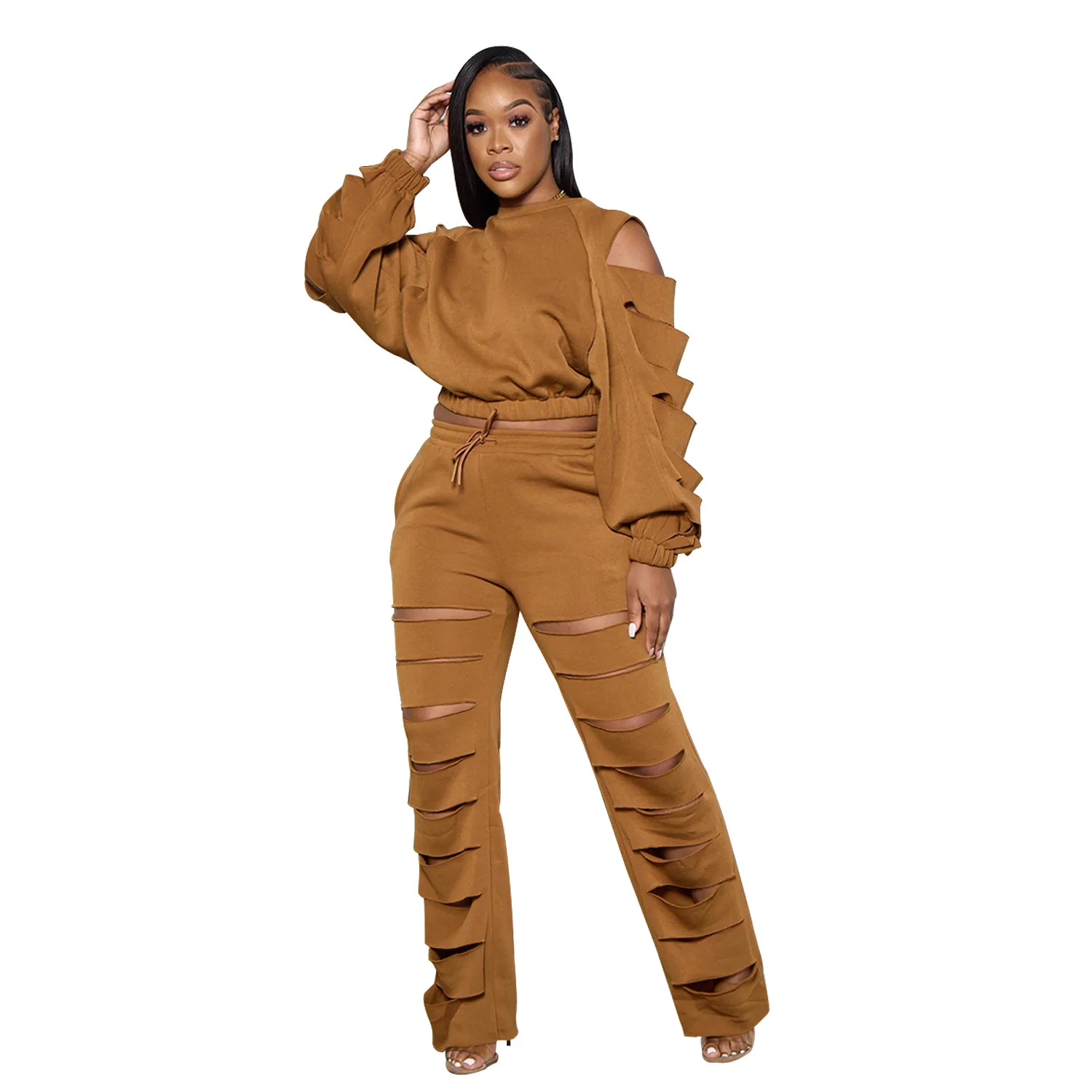

Cutubly Lace Up Long Sleeve Tops And Pants Lady Female Clothing Trouser Suits Solid Two 2 Piece Set Tracksuits Fashion Outfits