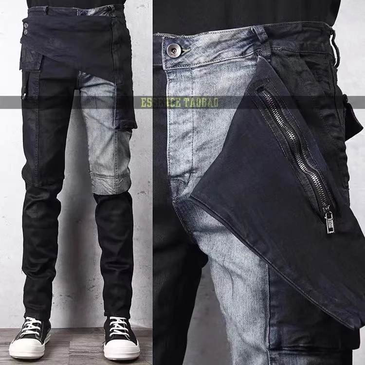 2022 New Men's Clothing Barrier Cloth Stitching Slim Jeans Brand High Street Hip-Hop Hair Stylist Catwalk Male Singer Pants