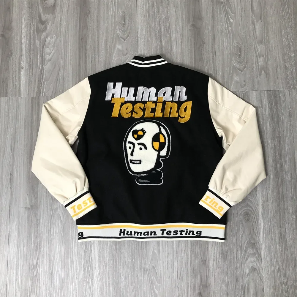 

Human Testing Print HUMAN MADE Logo Baseball Jacket Men Coat Harajuku Nigo Robot Anime Embroidery Fashion Jackets Top Streetwear