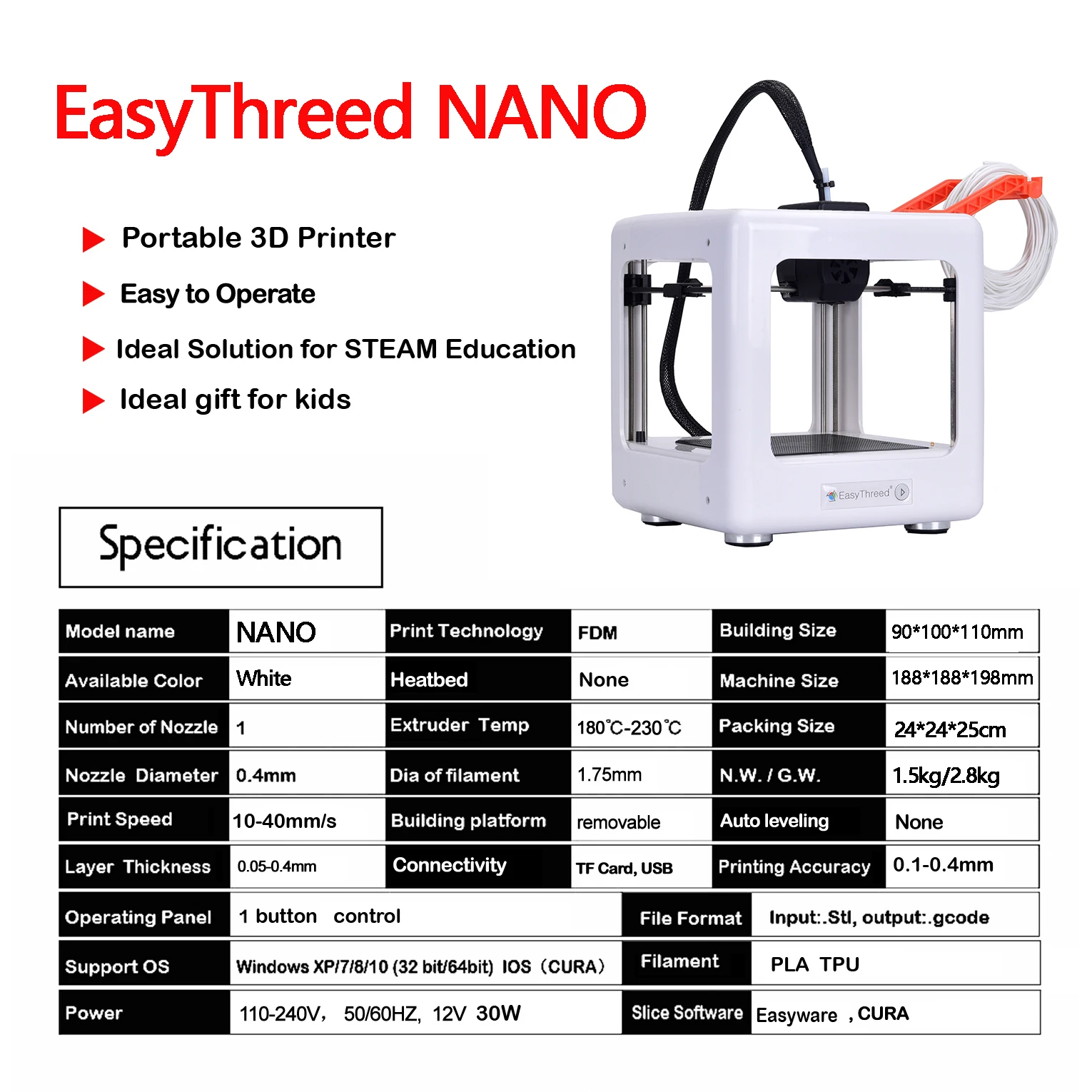 EasyThreed 3D-принтер Мини Для детей Образовательный Персональный Портативный Подарок Игрушка FDM PLA TPU 1,75 мм филамент включен.
