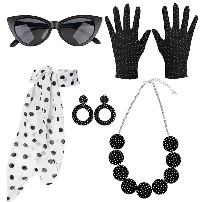 

50's Costume Polka Dot Necklace Gloves Headband Cat Eye Glasses 50s Retro Cat Eye Glasses Fancy Dress Outfit Disco Outfit For