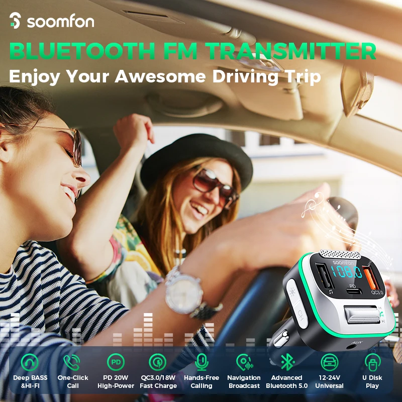 

FM-трансмиттер автомобильный SOOMFON, Bluetooth, Bluetooth 5,1, с подсветкой RGB