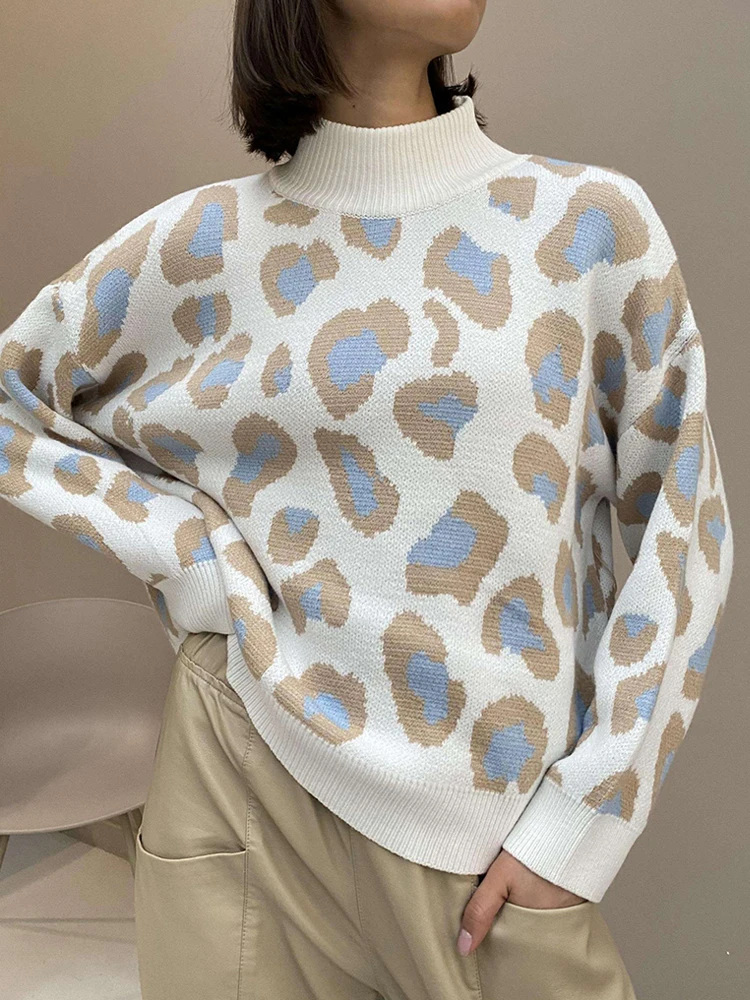 

Winter Women's Sweater 2023 Leopard Print Animal Basic White Turtleneck Oversize Jumper Vintage Warm Knitted Sweaters for Women
