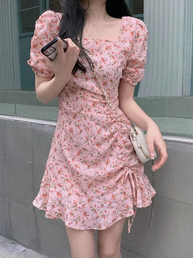 

QWEEK Sweet Floral Mini Dress Women Korean Style Kawaii Pink Design Short Dresses 2022 Summer Casual Vacation Kpop Robes