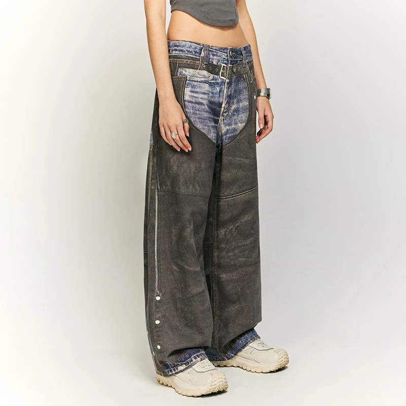 Модный индивидуальный дизайн искусственные двухсекционные джинсы с иллюзией