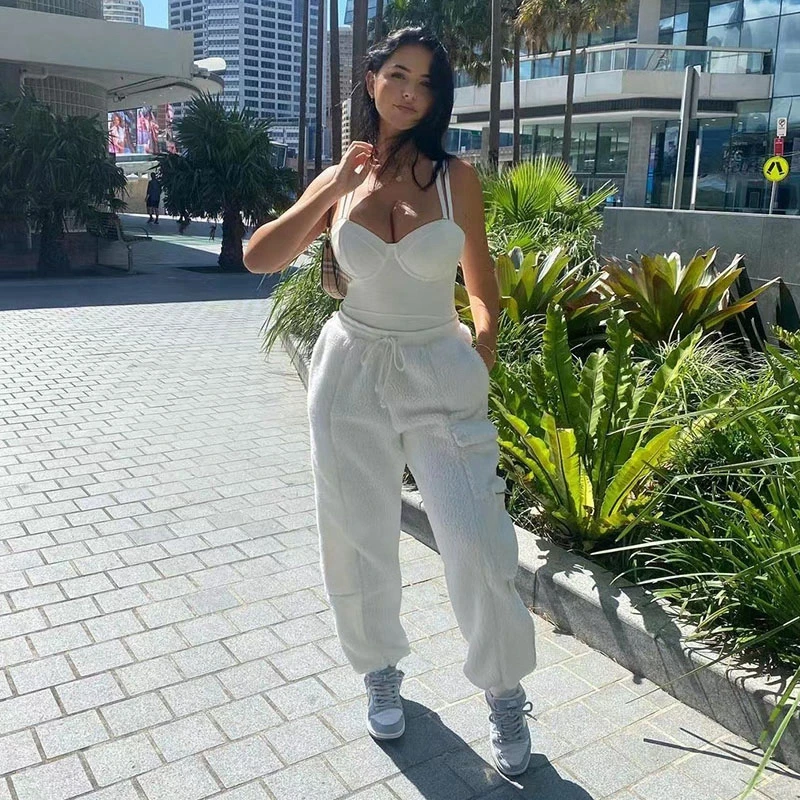 

Женские однотонные двухсторонние плюшевые длинные брюки на осень и зиму, повседневные свободные брюки с карманами и кулиской, теплые легги...