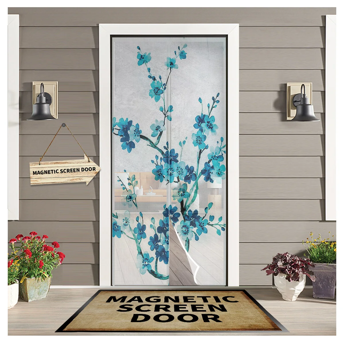 

Blue Ink Plum Magnetic Door Curtain Living Room Bedroom Home Anti-mosquito Screen Door Curtain